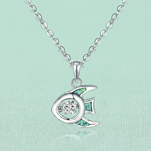 Sterling Silver Fish inlaid with Fire Opal and Solitaire Zircon  – Silver Pendant Necklace– Boho, Celestial, 45cm Chain
