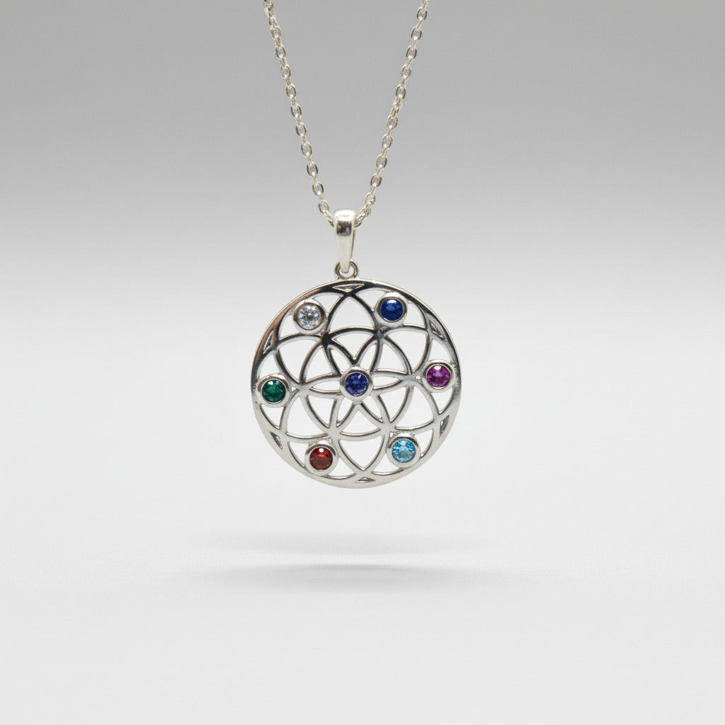 Handmade Sterling Silver Flower of Life Pendant with Multicoloured Zircon Stones