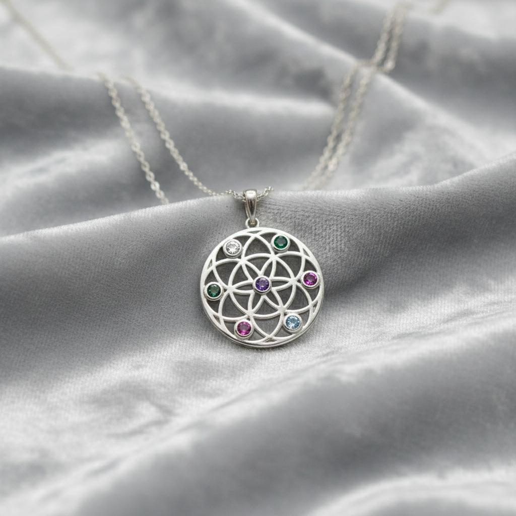Handmade Sterling Silver Flower of Life Pendant with Multicoloured Zircon Stones