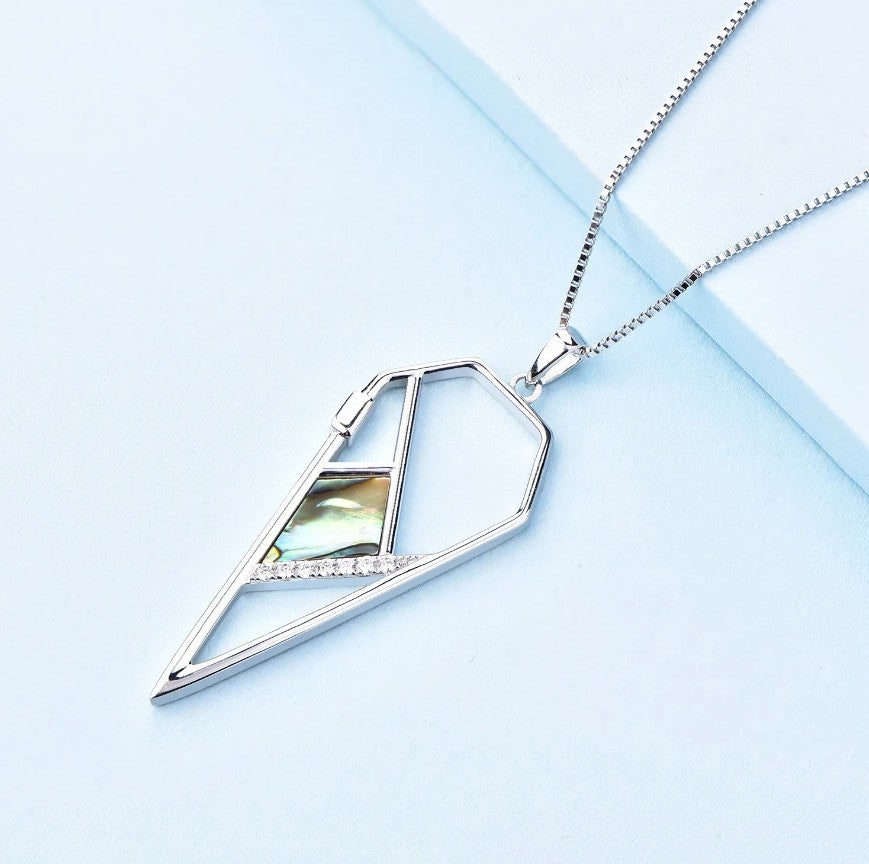 Sterling Silver Pendant Necklace – Abalone Shell Inlay & Clear Gem Accents – Modern Geometric Design