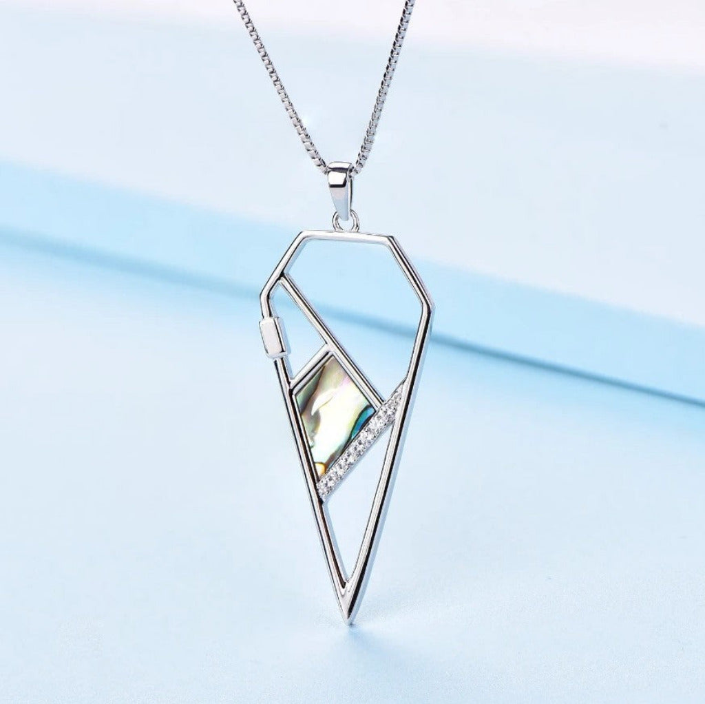 Sterling Silver Pendant Necklace – Abalone Shell Inlay & Clear Gem Accents – Modern Geometric Design