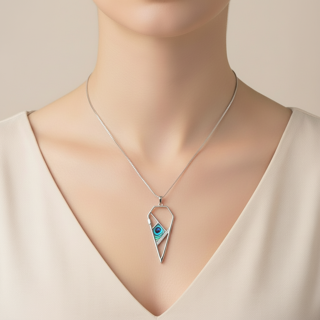 Sterling Silver Pendant Necklace – Abalone Shell Inlay & Clear Gem Accents – Modern Geometric Design
