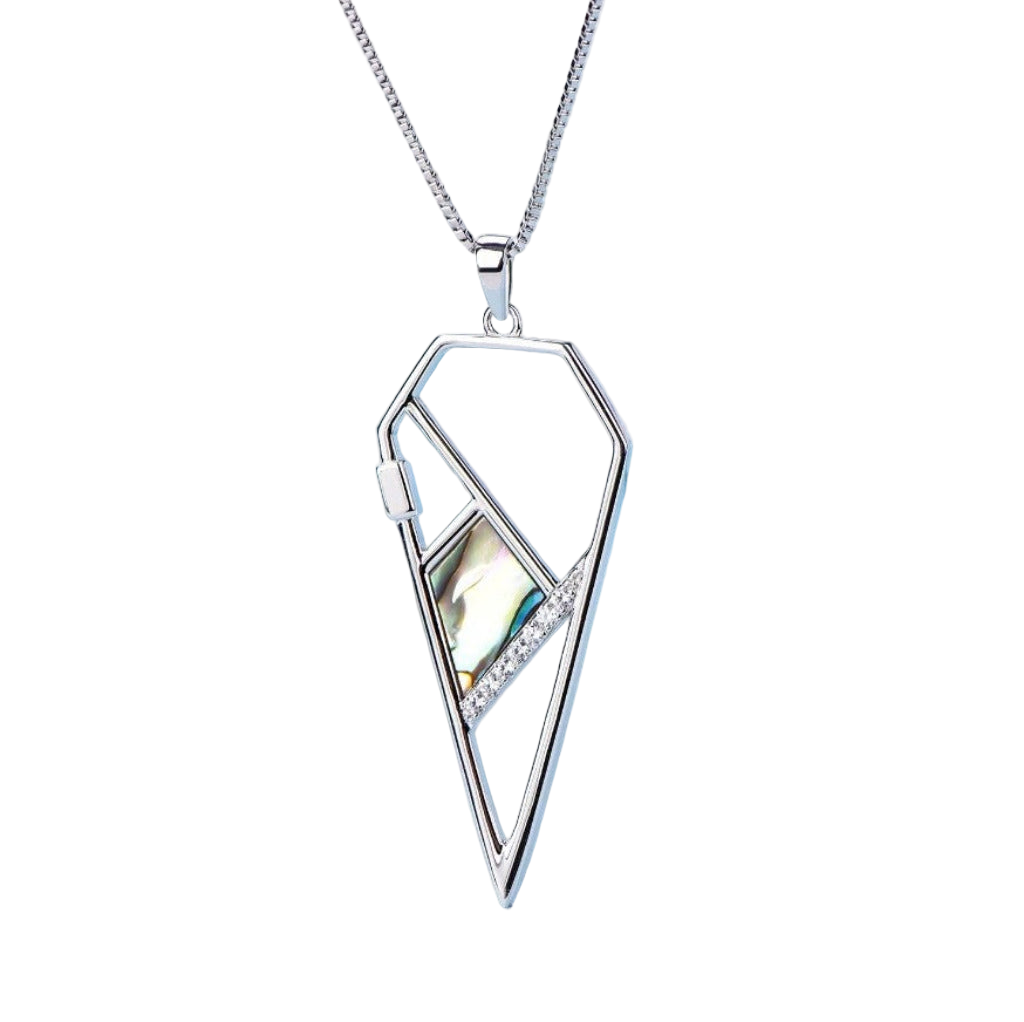 Sterling Silver Pendant Necklace – Abalone Shell Inlay & Clear Gem Accents – Modern Geometric Design