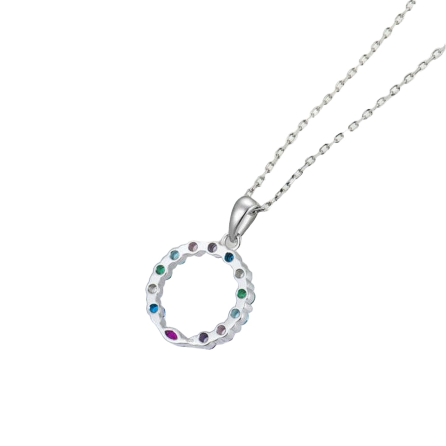925 Silver Circle Pendant Necklace with 14 faceted multi coloured Gemstones.