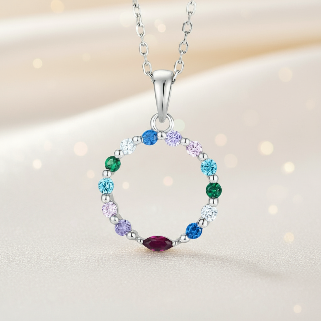 925 Silver Circle Pendant Necklace with 14 faceted multi coloured Gemstones.