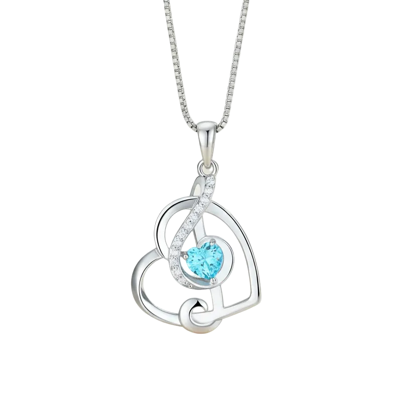 Sterling Silver Handmade Treble clef & Heart shaped pendant with aquamarine gemstone. A necklace for music lovers