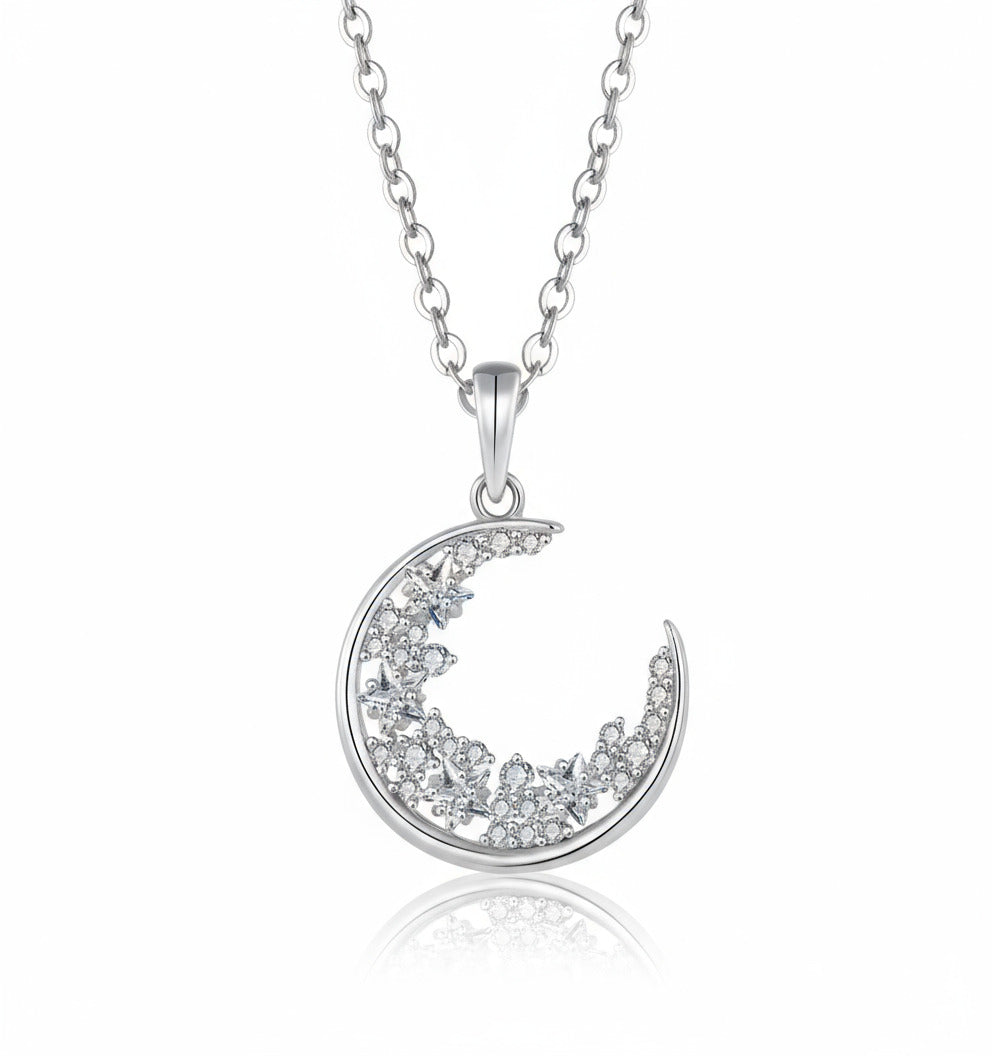 Sterling Silver Crescent Moon Necklace encrusted with sparkling zircons – Boho, Celestial, 45cm Chain