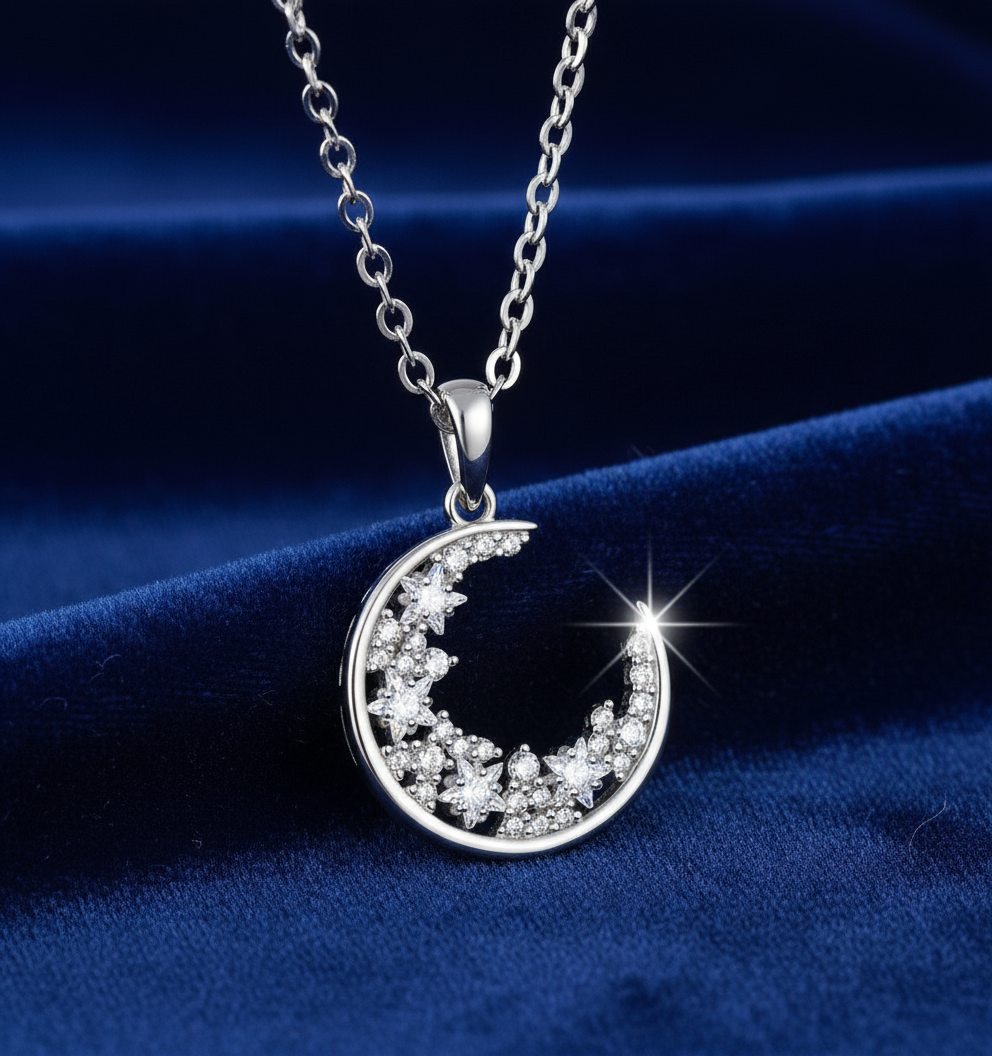 Sterling Silver Crescent Moon Necklace encrusted with sparkling zircons – Boho, Celestial, 45cm Chain