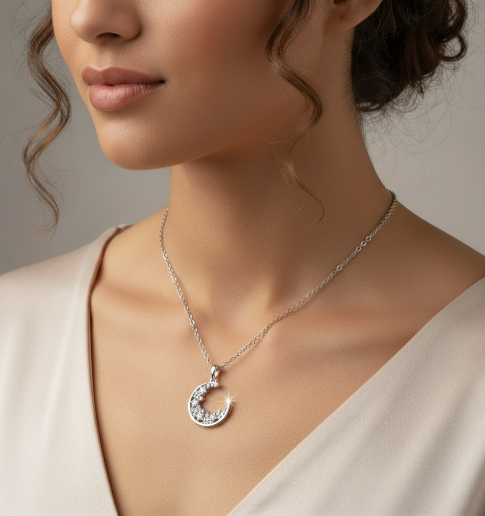 Sterling Silver Crescent Moon Necklace encrusted with sparkling zircons – Boho, Celestial, 45cm Chain