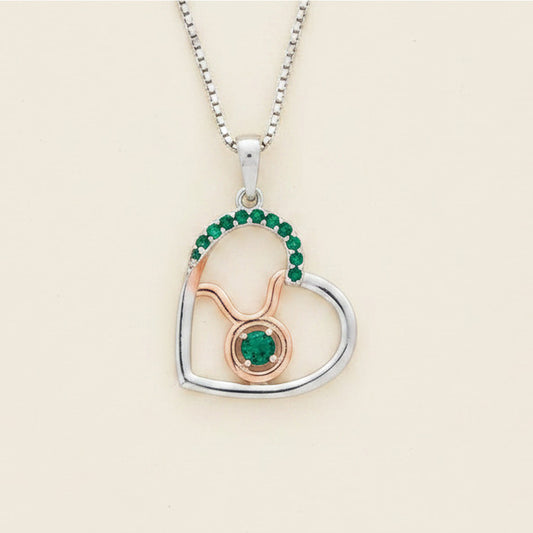 Zodiac Taurus Heart Pendant on a 925 Sterling Silver Chain With Rose Gold Detailling, and Emerald Green Zircon Gemstones