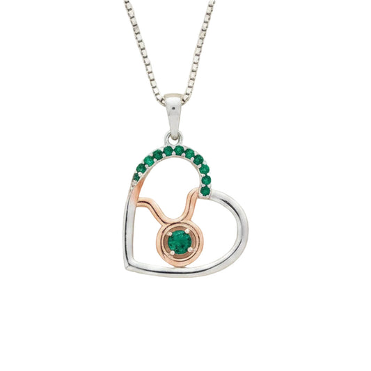 Zodiac Taurus Heart Pendant on a 925 Sterling Silver Chain With Rose Gold Detailling, and Emerald Green Zircon Gemstones