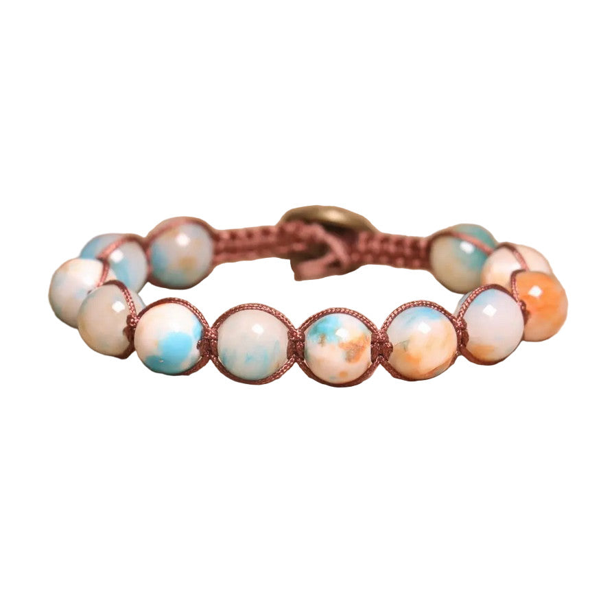Jasper bracelet Peach Cream & Blue Bracelet 10mm beads with sunburst brass closure