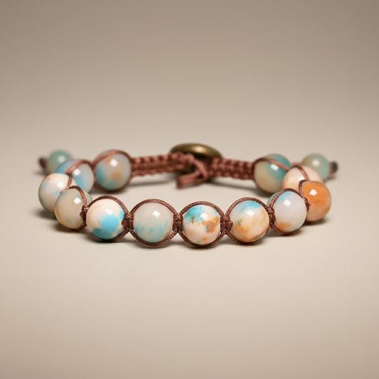 Jasper bracelet Peach Cream & Blue Bracelet 10mm beads with sunburst brass closure