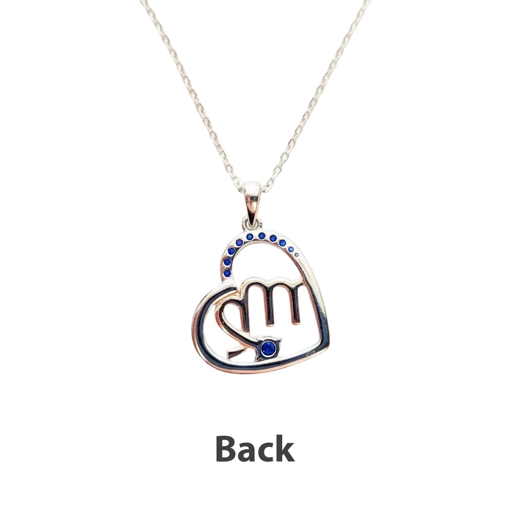 Zodiac Virgo Heart Pendant on a 925 Sterling Silver Chain With Rose Gold Detailling, and Sapphire Blue Zircon Gemstones