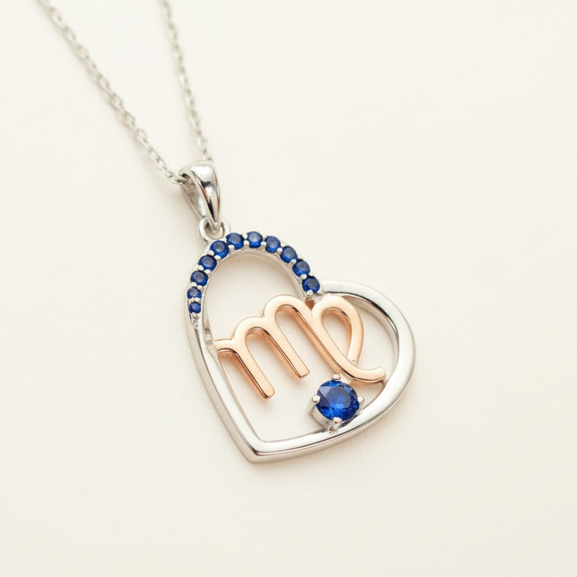 Zodiac Virgo Heart Pendant on a 925 Sterling Silver Chain With Rose Gold Detailling, and Sapphire Blue Zircon Gemstones