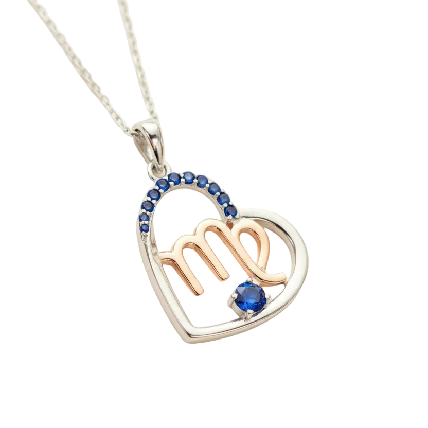Zodiac Virgo Heart Pendant on a 925 Sterling Silver Chain With Rose Gold Detailling, and Sapphire Blue Zircon Gemstones