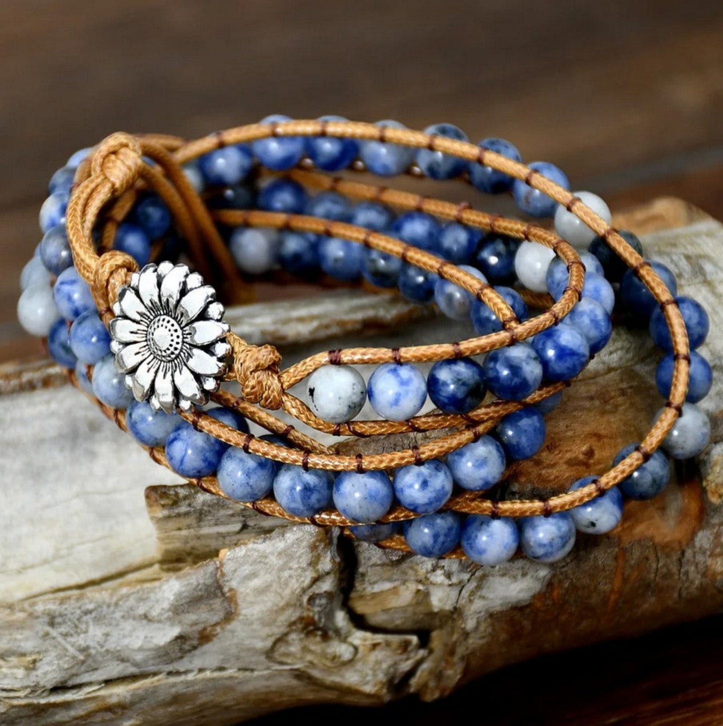 Smokey Blue Sodalite Handmade Wrap Bracelet Gemstone Wrap silver Sunflowerr Charm fastens the Bracelet Gift idea for Clarity & Peace