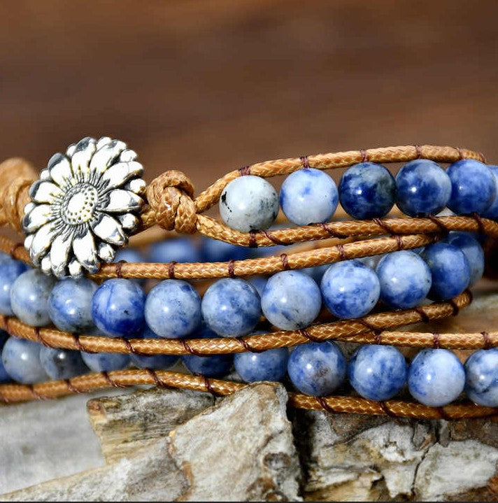 Smokey Blue Sodalite Handmade Wrap Bracelet Gemstone Wrap silver Sunflowerr Charm fastens the Bracelet Gift idea for Clarity & Peace