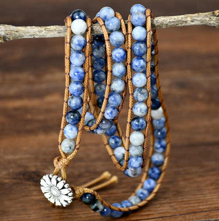 Smokey Blue Sodalite Handmade Wrap Bracelet Gemstone Wrap silver Sunflowerr Charm fastens the Bracelet Gift idea for Clarity & Peace