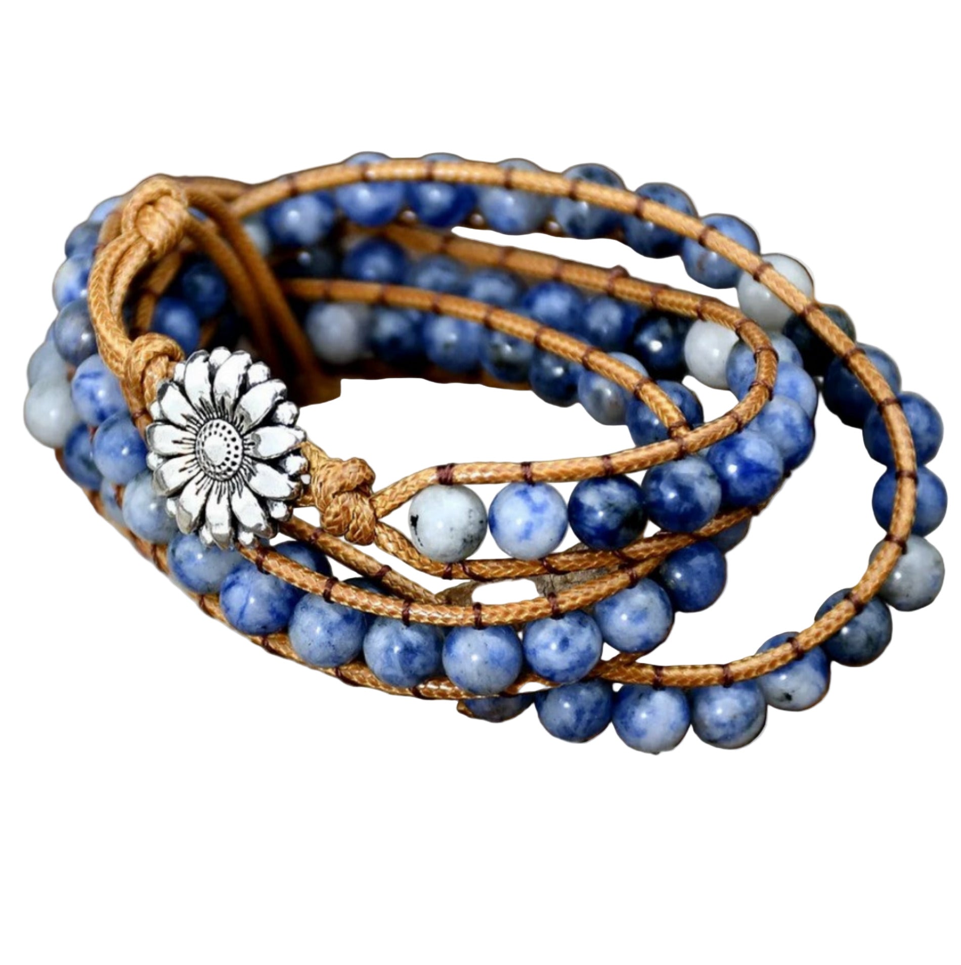 blue sodalite bead wrap bracelet with silver sunflower chrm