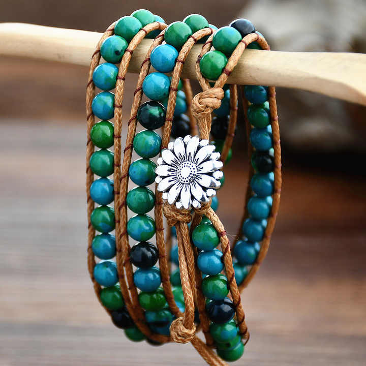 Turquoise Blue & Green Chrysocolla Gemstone Wrap Handmade Bracelet silver Sunflowerr Charm fastening Bracelet Gift idea for Calm, Truth & Emotional Healing