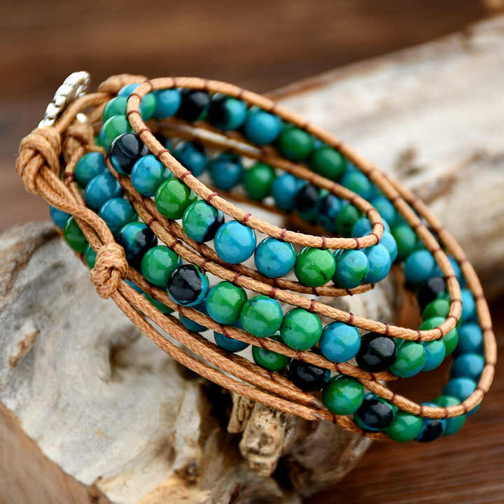 Turquoise Blue & Green Chrysocolla Gemstone Wrap Handmade Bracelet silver Sunflowerr Charm fastening Bracelet Gift idea for Calm, Truth & Emotional Healing