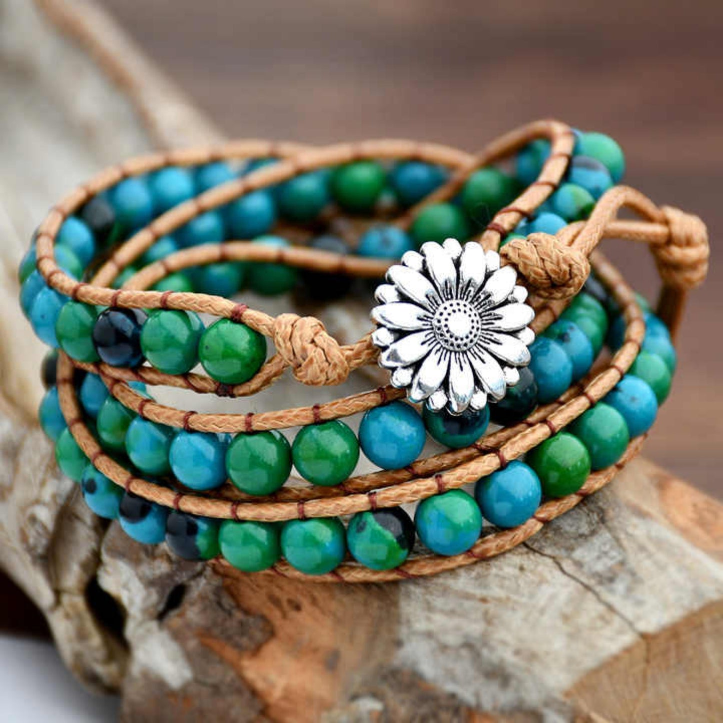 Turquoise Blue & Green Chrysocolla Gemstone Wrap Handmade Bracelet silver Sunflowerr Charm fastening Bracelet Gift idea for Calm, Truth & Emotional Healing