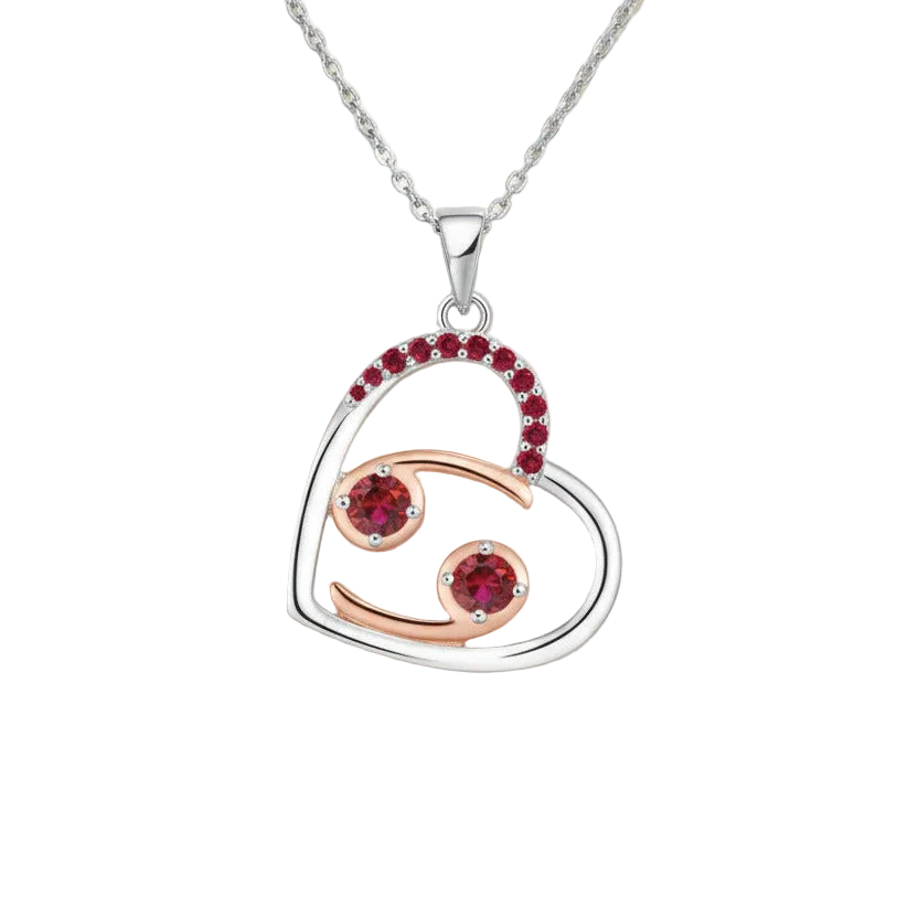 Zodiac Cancer Heart Pendant on a 925 Sterling Silver Chain With Rose Gold Detailling, and Ruby Zircon Gemstones
