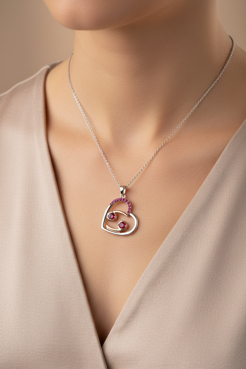 Zodiac Cancer Heart Pendant on a 925 Sterling Silver Chain With Rose Gold Detailling, and Ruby Zircon Gemstones