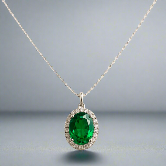 Sterling Silver Handmade Oval Halo Pendant Necklace An Emerald Green Gemstone Solitaire Surrounded by a Halo of Diamond  Zircons